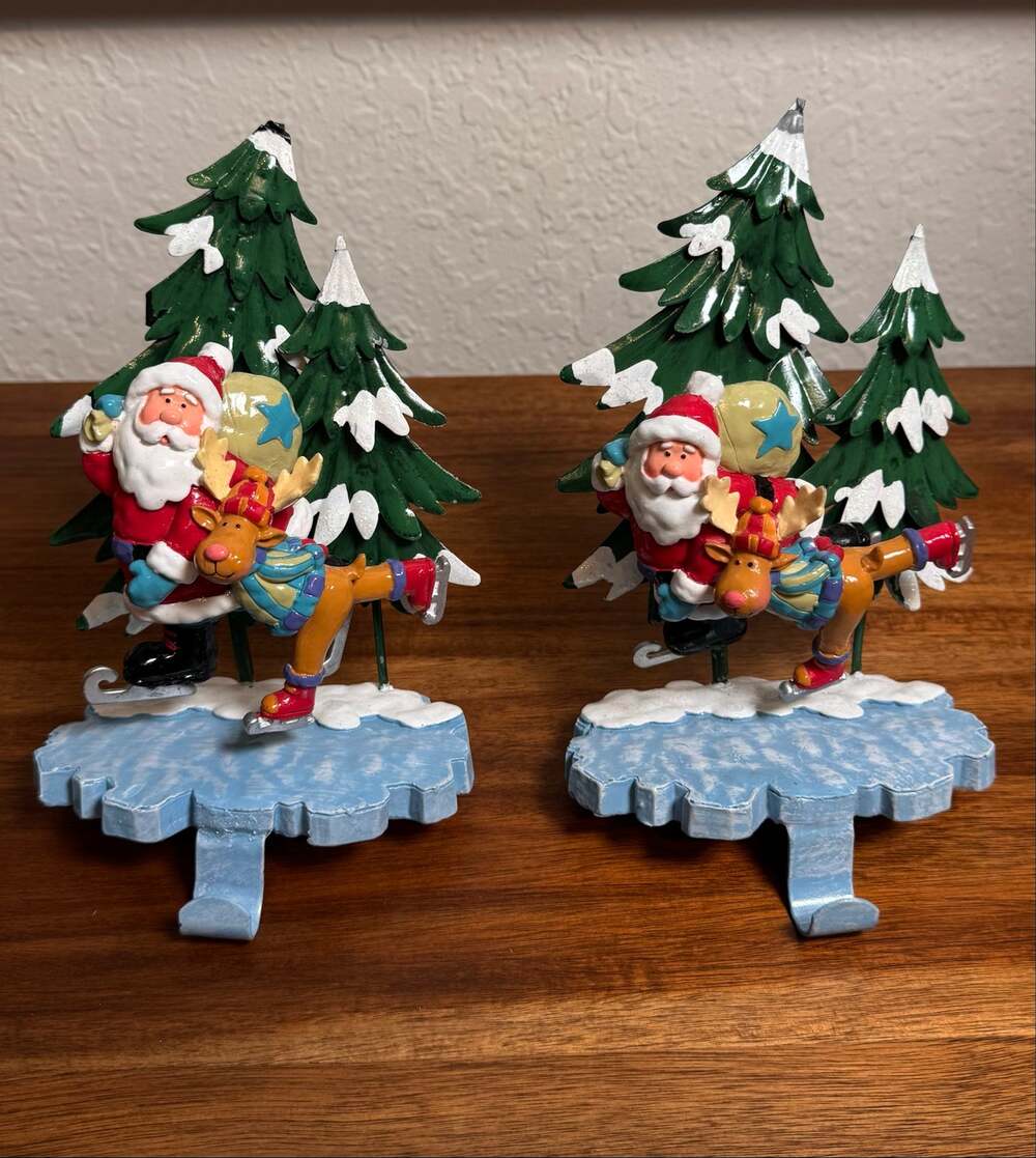 Vintage Ceramic Metal Santa Reindeer Bobble Stocking Hangers Set of 2